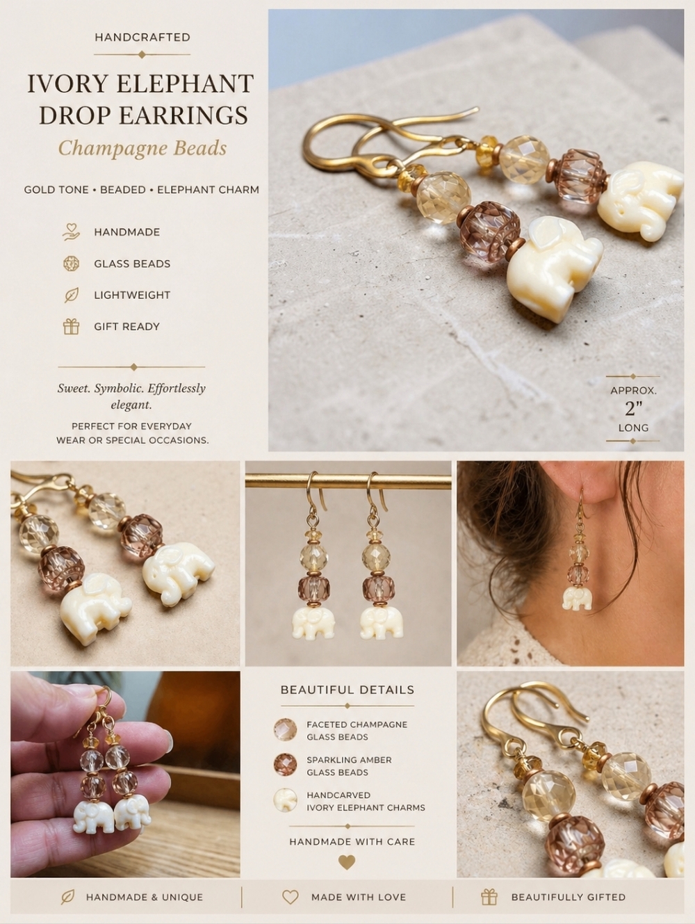 Handcrafted Ivory Elephant Drop Earrings with Champagne Beads Gold Tone Earhooks